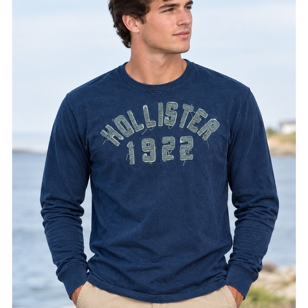Vintage Hollister Y2k Mens L Long Sleeve Shirt Navy Blue Embroidered Heavyweight